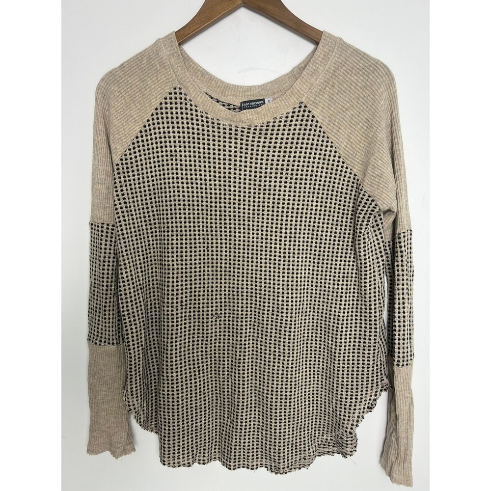 Earthbound Trading Co Wm‎ Sm Tan Black Waffle Knit Raglan Cottage Boho Lagen Top